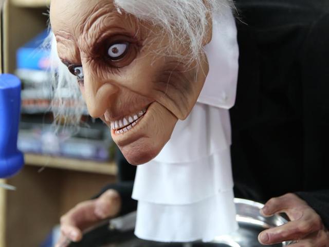 The movable old man that serves his head on a plate is priced at Rs 4200.  (Prabhas Roy/HT Photo) 