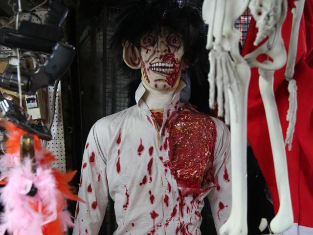 This life-size bloodied ghost costs Rs 6500.  (Prabhas Roy/HT Photo) 