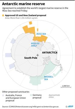 Graphic showing marine sanctuary plans for Antarctica. A deal struck Friday will see a massive US and New Zealand-backed marine reserve established in the Ross Sea. (AFP) Graphic showing marine sanctuary plans for Antarctica. A deal struck Friday will see a massive US and New Zealand-backed marine reserve established in the Ross Sea. (AFP)