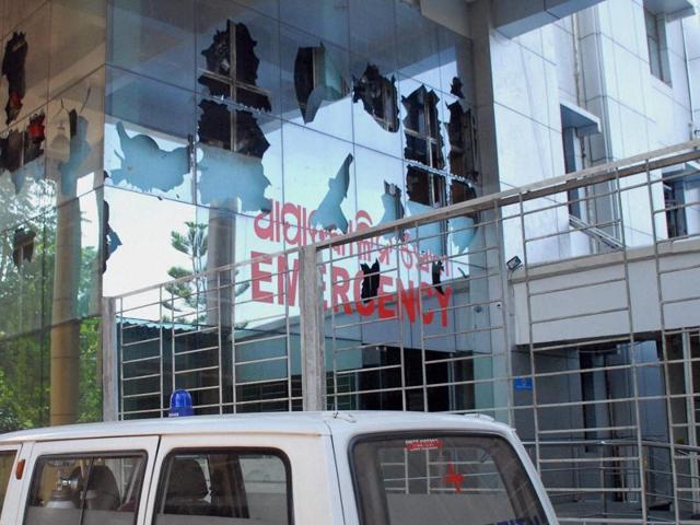 Damaged emergency ward of SUM hospital in Bhubaneswar on Tuesday. (PTI Photo) Damaged emergency ward of SUM hospital in Bhubaneswar on Tuesday. (PTI Photo)