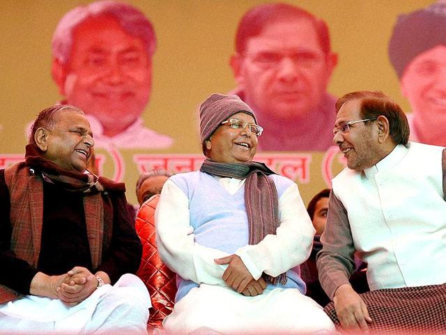 Samajwadi Party chief Mulayam Singh (left) with RJD supremo Lalu Prasad (centre) and JD(U) chief Sharad Yadav. Sharad Yadav on Thursday met with Congress veteran Ghulam Nabi Azad, Congress president Sonia Gandhi and SP leader Shivpal Yadav, prompting speculations of a grand alliance in UP. (PTI file) Samajwadi Party chief Mulayam Singh (left) with RJD supremo Lalu Prasad (centre) and JD(U) chief Sharad Yadav. Sharad Yadav on Thursday met with Congress veteran Ghulam Nabi Azad, Congress president Sonia Gandhi and SP leader Shivpal Yadav, prompting speculations of a grand alliance in UP. (PTI file)