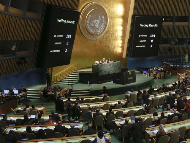 A resolution presented at the UN General Assembly by Austria, Ireland, Mexico, Nigeria, South Africa and Brazil was on Thursday adopted by a vote of 123 to 38, with 16 abstentions, following weeks of lobbying by the nuclear powers for ‘no’ votes. (AP) A resolution presented at the UN General Assembly by Austria, Ireland, Mexico, Nigeria, South Africa and Brazil was on Thursday adopted by a vote of 123 to 38, with 16 abstentions, following weeks of lobbying by the nuclear powers for ‘no’ votes. (AP)