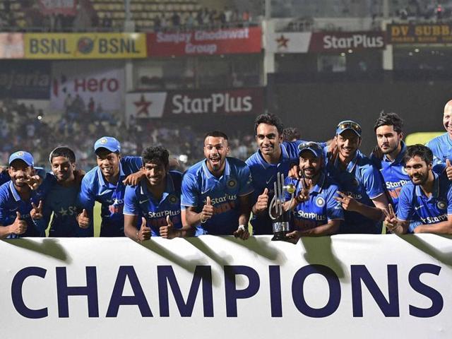 Indian cricket team celebrate with the winning trophy after victory over New Zealand by 190 runs at the 5th ODI match. (PTI Photo) Indian cricket team celebrate with the winning trophy after victory over New Zealand by 190 runs at the 5th ODI match. (PTI Photo)