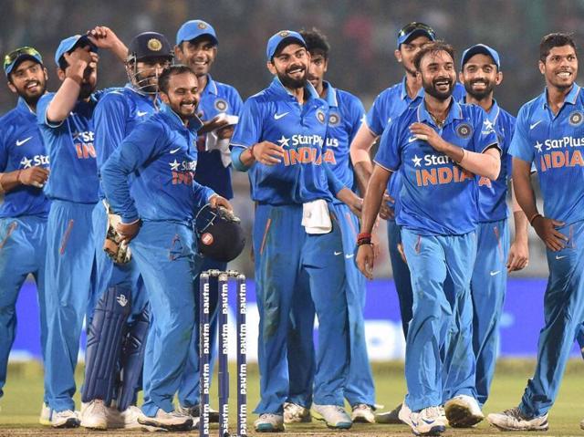 Indian team celebrate after their victory over New Zealand during the 5th ODI cricket match. (PTI photo) Indian team celebrate after their victory over New Zealand during the 5th ODI cricket match. (PTI photo)