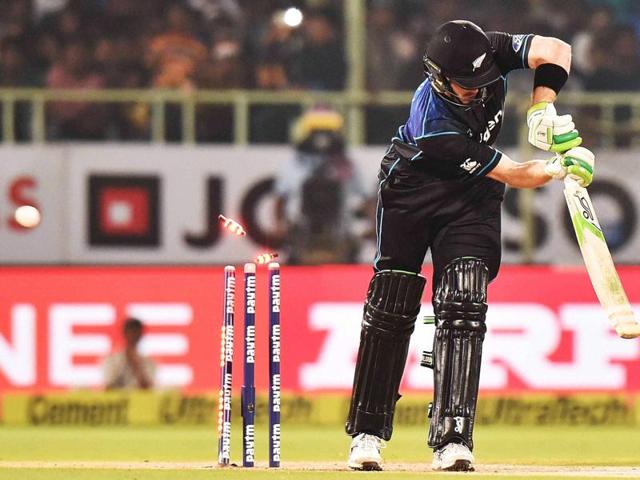 New Zealand cricketer Martin Guptill bowled out by Umesh Yadav(not in picture). (PTI photo) New Zealand cricketer Martin Guptill bowled out by Umesh Yadav(not in picture). (PTI photo)