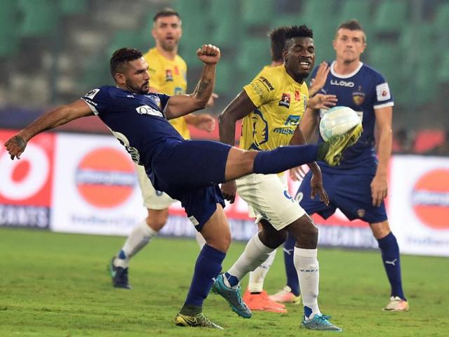 Chennaiyin FC (in Blue jersey) and Kerala Blasters FC (Yellow jersey) vie for the ball. (PTI Photo) Chennaiyin FC (in Blue jersey) and Kerala Blasters FC (Yellow jersey) vie for the ball. (PTI Photo)