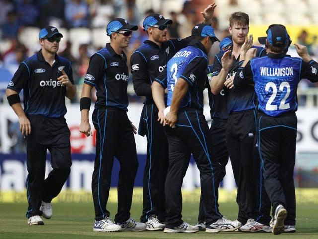 New Zealand's James Neesham, second right, celebrates with teammates. (AP photo) New Zealand's James Neesham, second right, celebrates with teammates. (AP photo)