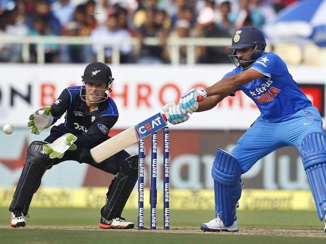 India's Rohit Sharma, right, plays a shot as New Zealand's wicketkeeper BJ Watling reacts. (AP photo) India's Rohit Sharma, right, plays a shot as New Zealand's wicketkeeper BJ Watling reacts. (AP photo)
