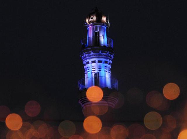 The Sahid Minar at Esplanade lit up in bright colours ahead of Diwali in Kolkata. (Subhankar Chakraborty/HT PHOTO)