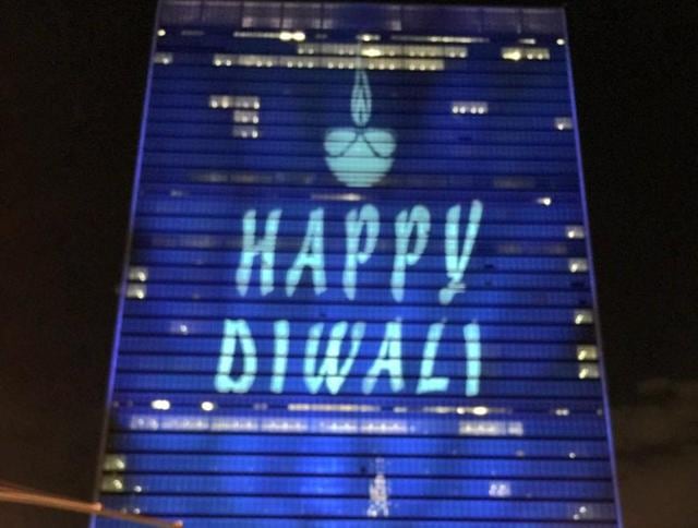 The facade of the UN headquarters was lit in bright hues and the words ‘Happy Diwali’, along with the image of a traditional ‘diya’, projected onto the building. The facade of the UN headquarters was lit in bright hues and the words ‘Happy Diwali’, along with the image of a traditional ‘diya’, projected onto the building.