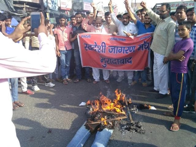 So-called nationalists hold a protest in UP’s Moradabad.(Snigdha Poonam/HT Photo)