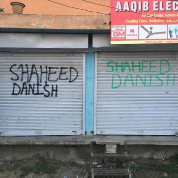 Graffiti on the walls and shutters near Danish Sultan Haroo's house in Palpora. (Waseem Andrabi/HT Photo) Graffiti on the walls and shutters near Danish Sultan Haroo's house in Palpora. (Waseem Andrabi/HT Photo)