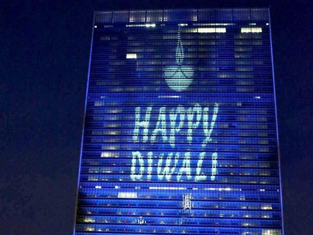The UN headquarters lights up and greets people on the occasion of Diwali for the first time, in New York on Saturday. (PTI) The UN headquarters lights up and greets people on the occasion of Diwali for the first time, in New York on Saturday. (PTI)