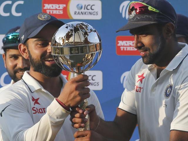 Indian cricket team captain Virat Kohli, left, and teammate Ravichandran Ashwin hold the ICC Test Championship mace. (AP Photo) Indian cricket team captain Virat Kohli, left, and teammate Ravichandran Ashwin hold the ICC Test Championship mace. (AP Photo)