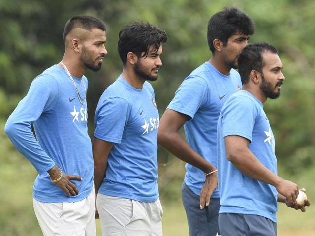 Hardik Pandya (L), Manish Pandey (2L) and Kedar Jadhav (2R) were tried out in the No. 6 position.(Subhendu Ghosh/HT Photo)