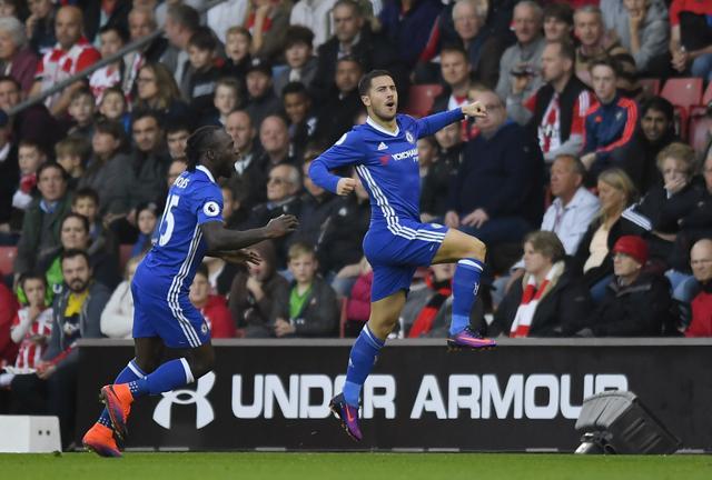 Hazard, right, celebrates putting Chelsea in the lead. (REUTERS) Hazard, right, celebrates putting Chelsea in the lead. (REUTERS)