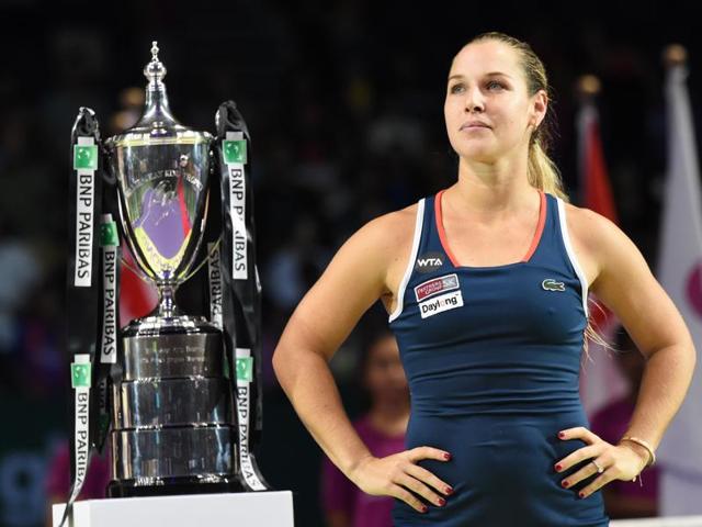 Kerber, left, watches as Cibulkova delivers her speech during the post-match presentation ceremony. (AFP) Kerber, left, watches as Cibulkova delivers her speech during the post-match presentation ceremony. (AFP)