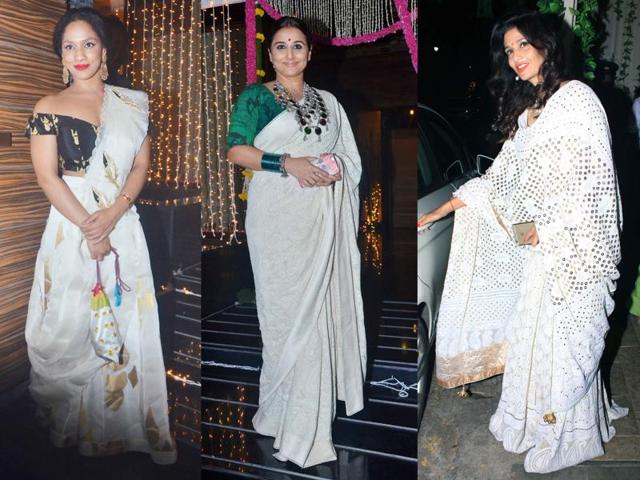 Designer Masaba Gupta, actor Vidya Balan and former model Rhea Pillai went for variations of white for Diwali celebrations. Designer Masaba Gupta, actor Vidya Balan and former model Rhea Pillai went for variations of white for Diwali celebrations.
