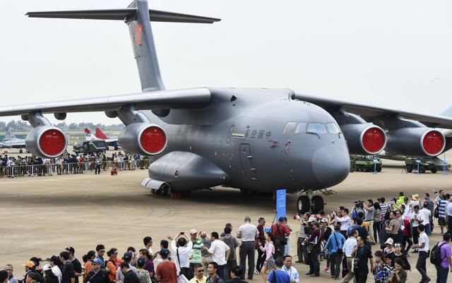 A Chinese Y-20 heavy strategic transport aircraft is displayed at the International Aviation and Aerospace Exhibition in Zhuhai, Guangdong Province, on Tuesday. Airshow China serves to showcase the growing sophistication of China's military technology. (AP) A Chinese Y-20 heavy strategic transport aircraft is displayed at the International Aviation and Aerospace Exhibition in Zhuhai, Guangdong Province, on Tuesday. Airshow China serves to showcase the growing sophistication of China's military technology. (AP)