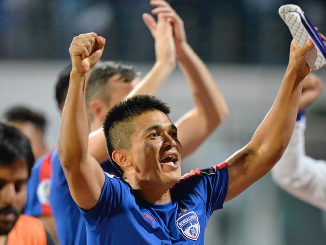 Sunil Chhetri celebrates Bengaluru FC’s AFC Cup semifinal win against Johor Darul Ta'zim. (PTI) Sunil Chhetri celebrates Bengaluru FC’s AFC Cup semifinal win against Johor Darul Ta'zim. (PTI)