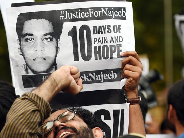 JNU students have been demanding action in the case of Najeeb Ahmad, who has been missing since October 15, 2016. (Saumya Khandelwal/HT Photo) JNU students have been demanding action in the case of Najeeb Ahmad, who has been missing since October 15, 2016. (Saumya Khandelwal/HT Photo)