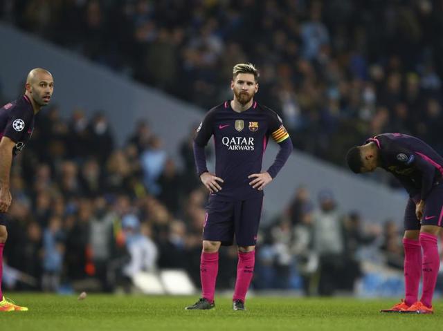 Barcelona's Javier Mascherano, left, Lionel Messi, centre, and Neymar bear a look of disappointment after their loss. (AP) 
