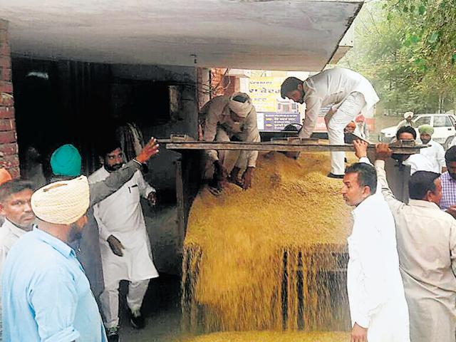 Farmers led by Youth Congress leaders dumping paddy outside the SDM’s office at Gidderbaha on Tuesday. (HT photo) Farmers led by Youth Congress leaders dumping paddy outside the SDM’s office at Gidderbaha on Tuesday. (HT photo)