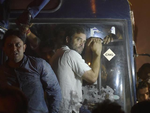 Congress Vice President Rahul Gandhi detained by Delhi Police at Tilak bridge police station in New Delhi, India, on Wednesday, November 2, 2016. (Ravi Choudhary/HT PHOTO) Congress Vice President Rahul Gandhi detained by Delhi Police at Tilak bridge police station in New Delhi, India, on Wednesday, November 2, 2016. (Ravi Choudhary/HT PHOTO)