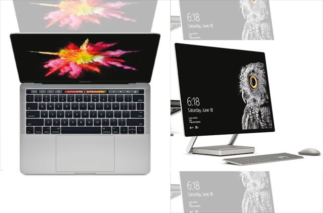 The new Apple Macbook Pro (left) and Microsoft’s Surface Studio (right) The new Apple Macbook Pro (left) and Microsoft’s Surface Studio (right)