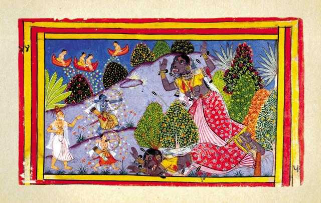 Ram and Lakshman accompany Rishi Vishwamitra to the forest where they meet the demoness Tadaka. She uses her magic on them, but Ram and Lakshman are undeterred. Ram kills her by shooting an arrow in her heart. (Pictures courtesy: Roli Books) Ram and Lakshman accompany Rishi Vishwamitra to the forest where they meet the demoness Tadaka. She uses her magic on them, but Ram and Lakshman are undeterred. Ram kills her by shooting an arrow in her heart. (Pictures courtesy: Roli Books)