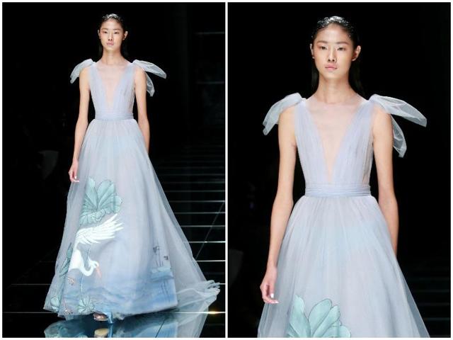 This princessy gown is a bit more conventional than the others, but the fine work is apparent. (AFP) This princessy gown is a bit more conventional than the others, but the fine work is apparent. (AFP)
