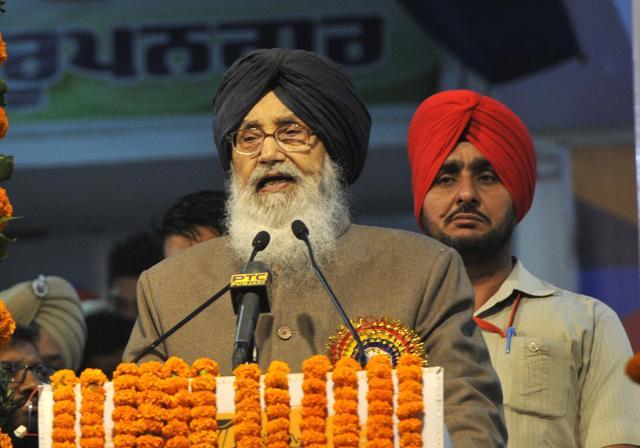 CM Badal speaks at the inauguration function of the World Kabaddi Cup, at Rupnagar on Thursday. (Keshav Singh/HT Photo)