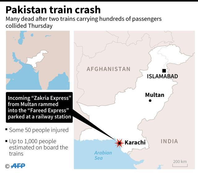 Map locating Karachi, where two passenger trains collided Thursday. (AFP) Map locating Karachi, where two passenger trains collided Thursday. (AFP)