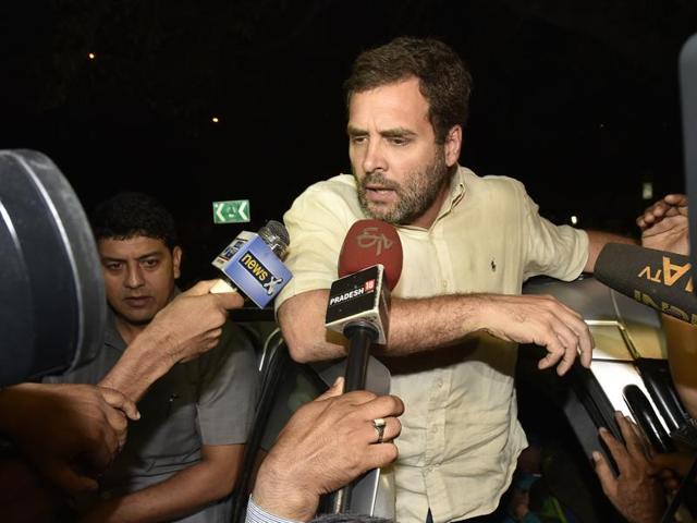 Congress vice-president Rahul Gandhi after being released from a police station in New Delhi on Thursday. He was detained during his protest over an ex-soldier’s alleged suicide.(Virendra Singh Gosain/HT PHOTO) Congress vice-president Rahul Gandhi after being released from a police station in New Delhi on Thursday. He was detained during his protest over an ex-soldier’s alleged suicide.(Virendra Singh Gosain/HT PHOTO)