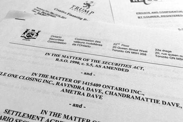 A copy of the settlement agreement from the Ontario Securities Commission from August 2015 that included Ravindra Dave, his wife and daughter, along with a company they owned, is photographed in Washington. (AP Photo)