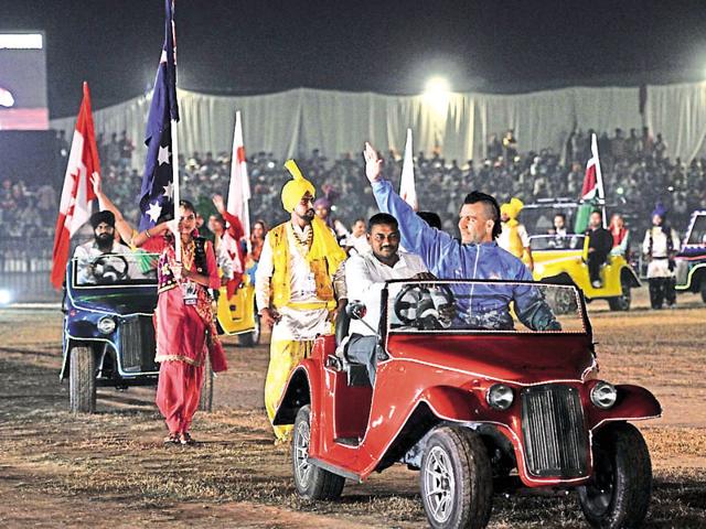 The team parade at the inauguration of the World Kabaddi Cup, at Rupnagar on Thursday. (Keshav Singh/HT Photo)