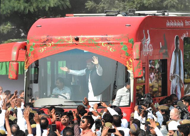 Uttar Pradesh chief minister Akhilesh Yadav waves at supporters during his Vikas Rath Yatra that was flagged off on November 3 in Lucknow. (Nand Kumar / PTI) Uttar Pradesh chief minister Akhilesh Yadav waves at supporters during his Vikas Rath Yatra that was flagged off on November 3 in Lucknow. (Nand Kumar / PTI)