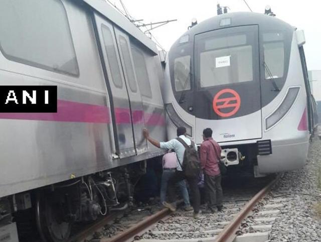 Two Delhi Metro trains collided in a freak accident at the Kalindi Kunj depot on the yet-to-open Botanical Garden to Janakpuri West line on Friday. (ANI) Two Delhi Metro trains collided in a freak accident at the Kalindi Kunj depot on the yet-to-open Botanical Garden to Janakpuri West line on Friday. (ANI)