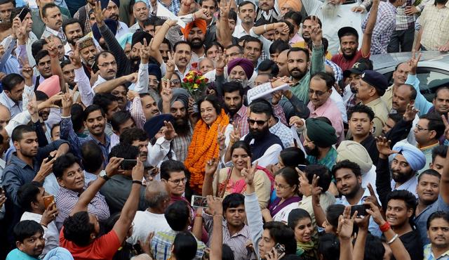 Residents and representatives of different unions with MP Kirron Kher after a press conference at the UT guest house in Chandigarh. (HT Photo) Residents and representatives of different unions with MP Kirron Kher after a press conference at the UT guest house in Chandigarh. (HT Photo)