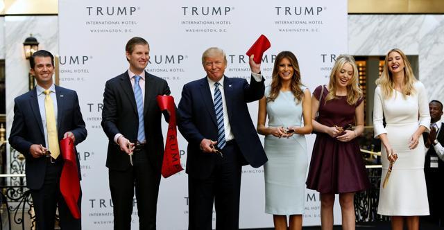Donald Trump Jr., Eric Trump, Republican US presidential nominee Donald Trump, Melania Trump, Tiffany Trump and Ivanka Trump attend an official ribbon cutting ceremony at the new Trump International Hotel in Washington. (REUTERS)