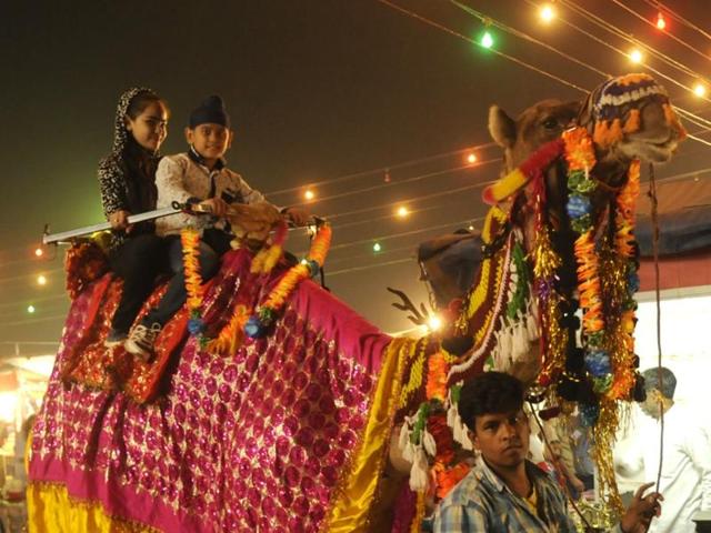 Children enjoying camel ride at the Chhath puja fair in Patiala on Sunday (Bharat Bhushan/HT Photo)