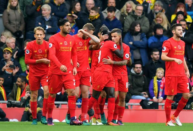 Liverpool team mates congratulate Sadio Mane for scoring his side's second goal of the game with his team-mates during the Premier League match. (AP Photo) Liverpool team mates congratulate Sadio Mane for scoring his side's second goal of the game with his team-mates during the Premier League match. (AP Photo)