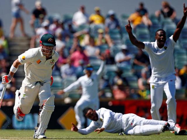 South Africa's Kagiso Rabada, center, celebrates taking the wicket of Australia's Steve Smith on the fourth day of play during their cricket test match in Perth, Australia, Sunday, Nov. 6, 2016. (AP Photo/Rob Griffith) (AP) South Africa's Kagiso Rabada, center, celebrates taking the wicket of Australia's Steve Smith on the fourth day of play during their cricket test match in Perth, Australia, Sunday, Nov. 6, 2016. (AP Photo/Rob Griffith) (AP)