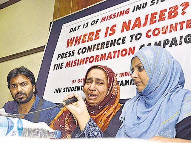 Najeeb’s mother Fatima Nafees and sister Sadaf Musharraf at a press conference. Najeeb’s mother Fatima Nafees and sister Sadaf Musharraf at a press conference.