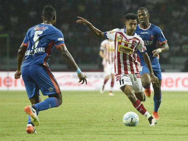 Atletico de Kolkata player Sameegh Doutie with his teammate jubilate after scoring a goal. (PTI Photo) Atletico de Kolkata player Sameegh Doutie with his teammate jubilate after scoring a goal. (PTI Photo)