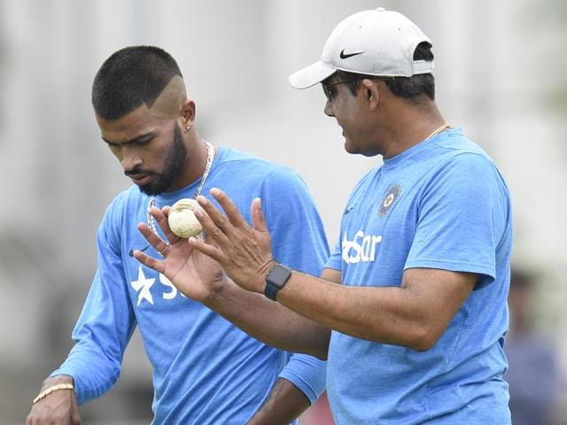 Hardik Pandya and Anil Kumble in conversation during India Team's training session. (Subhendu Ghosh?HT PHOTO) Hardik Pandya and Anil Kumble in conversation during India Team's training session. (Subhendu Ghosh?HT PHOTO)