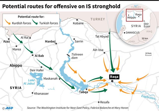 Map of norhtern Syria showing possible routes by Kurdish and Turkish forces to attack the Islamic State bastion of Raqqa (AFP) Map of norhtern Syria showing possible routes by Kurdish and Turkish forces to attack the Islamic State bastion of Raqqa (AFP)
