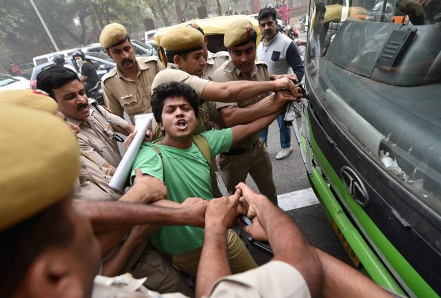 Members of AISA and JNUSU shouting slogans during their protest in New Delhi on Sunday. (PTI Photo) Members of AISA and JNUSU shouting slogans during their protest in New Delhi on Sunday. (PTI Photo)