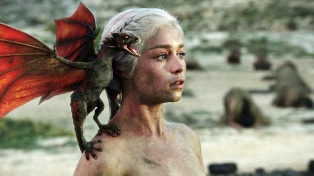 In Game of Thrones, Daenerys Targaryen (played by Emilia Clarke) doesn’t actually give birth to her dragons, however. She just steps into the funeral pyre of her dead husband with the three dragon eggs gifted to her on her wedding day and emerges out of the ashes, unburnt and with three live baby dragons. (HBO) In Game of Thrones, Daenerys Targaryen (played by Emilia Clarke) doesn’t actually give birth to her dragons, however. She just steps into the funeral pyre of her dead husband with the three dragon eggs gifted to her on her wedding day and emerges out of the ashes, unburnt and with three live baby dragons. (HBO)