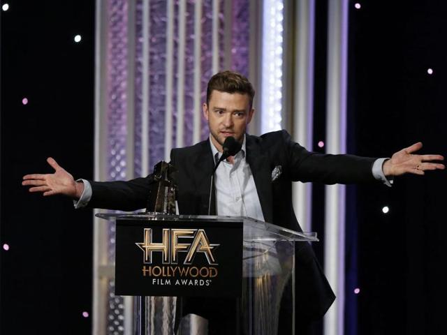 Musician Justin Timberlake accepts the Hollywood Song Award for Can't Stop this Feeling from the Trolls soundtrack at the Hollywood Film Awars. (REUTERS) 